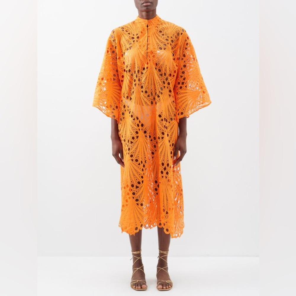 NWT 2023 La Vie SCALLOPED GUIPURE-LACE KAFTAN IN ORANGE